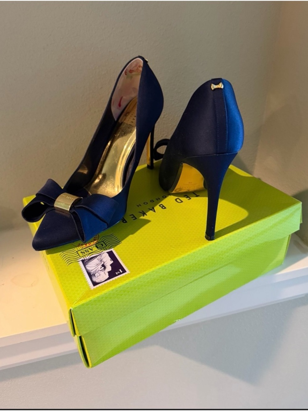 Ted Baker Navy Satin Pointed Toe Bow Stilettos with Gold Accent